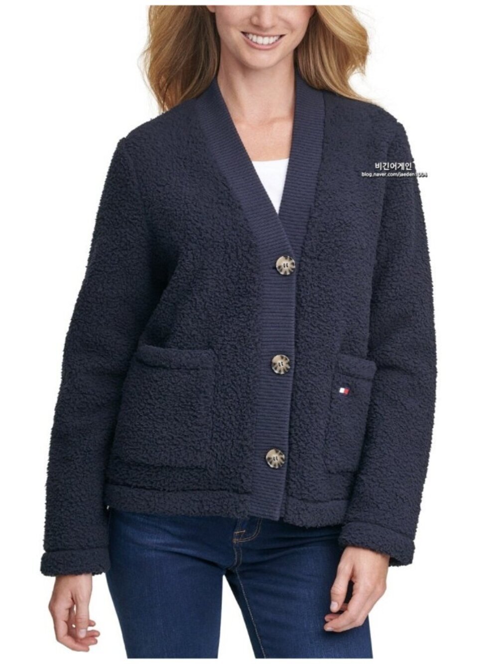 Tommy Hilfiger Navy Blue Sherpa Teddy Fleece Cardigan Size L - Picture 2 of 8